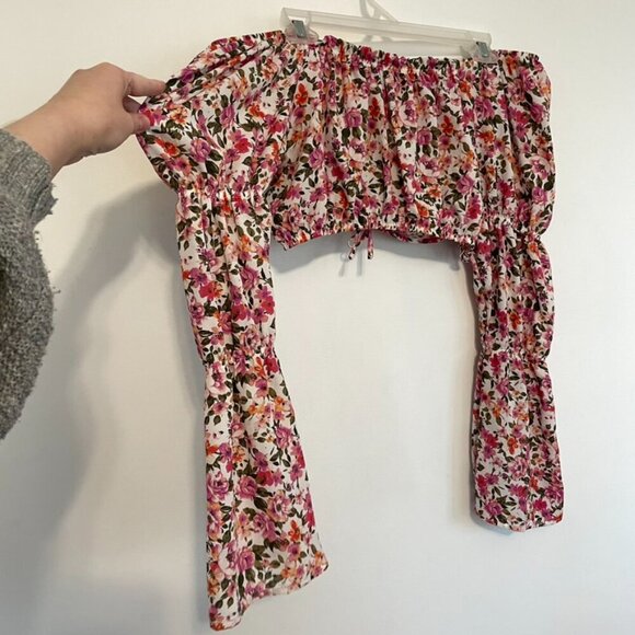 ALMOST FAMOUS Cream Ivory Pink Floral Off the Shoulder Long Bell Sleeve Crop Top - Picture 12 of 12